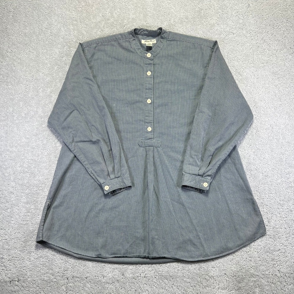 VINTAGE Eddie Bauer Shirt Womens M Blue Gingham Band‎ Collar Tunic Longsleeve
